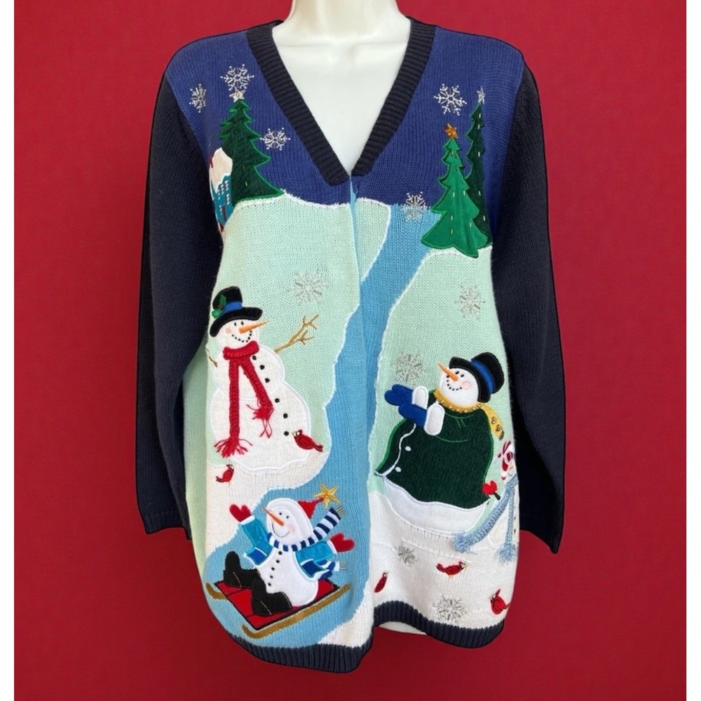 Quacker Factory Snowman MED Winter Scene VTG Cardigan Embroidered Applique